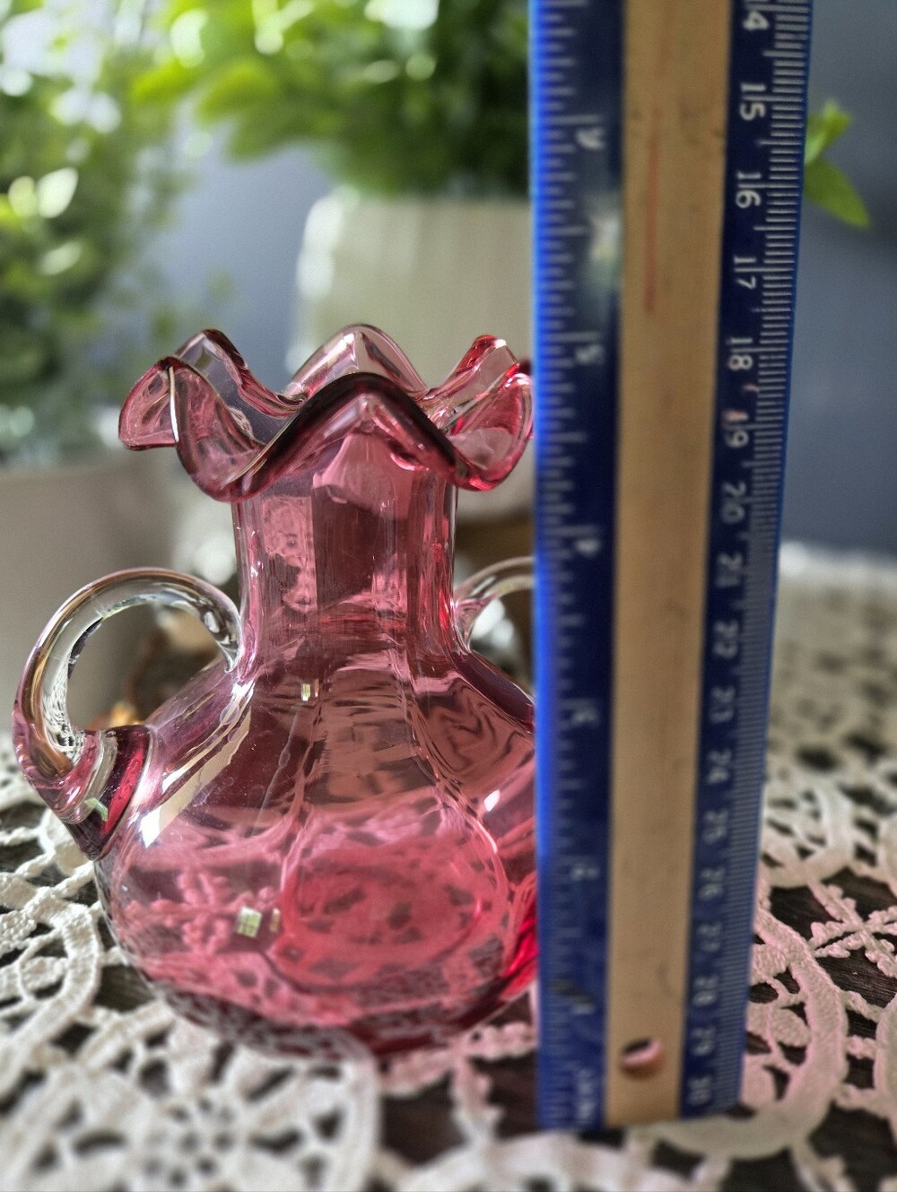 Cranberry Pink Art Glass Ruffled Vase with Applied Clear Handles - Picture 4 of 4